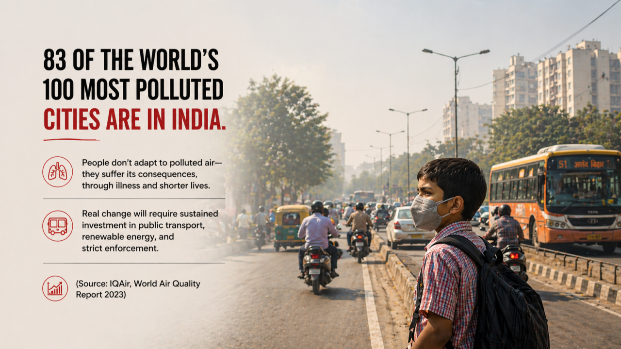 A graphic highlighting India's air pollution challenge. On the left, bold text states that 83 of the world's 100 most polluted cities are in India and explains that people suffer the consequences through illness and shorter lives. It calls for sustained investment in public transportation, renewable energy, and stricter enforcement. On the right, a school-aged boy wearing a face mask stands beside a busy urban roadway filled with traffic, buses, motorcycles, and smoggy air, illustrating the everyday impact of air pollution on public health.