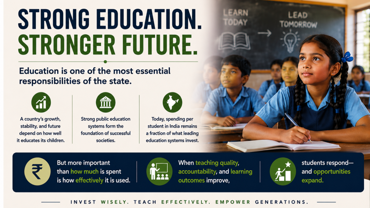 An infographic promoting education reform in India. The left side highlights key messages: education is one of the state's most essential responsibilities; a nation's future depends on educating its children; strong public education systems underpin successful societies; and India spends far less per student than many leading education systems. It emphasizes that the effectiveness of spending, quality teaching, accountability, and improved learning outcomes create greater opportunities. The right side shows Indian students attentively learning in a classroom, with a young girl writing in her notebook and a blackboard reading "Learn Today, Lead Tomorrow."