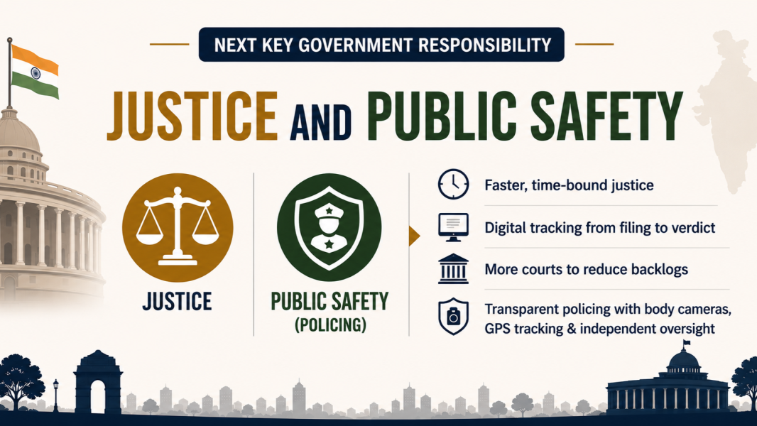 Justice and Public Safety infographic titled "Next Key Government Responsibility." The graphic highlights justice and policing as fundamental responsibilities of government and recommends practical reforms, including faster time-bound justice, digital case tracking from filing to verdict, expanding court capacity to reduce backlogs, and transparent policing through body cameras, GPS tracking, and independent oversight. The design features icons for justice and public safety alongside Indian civic landmarks.