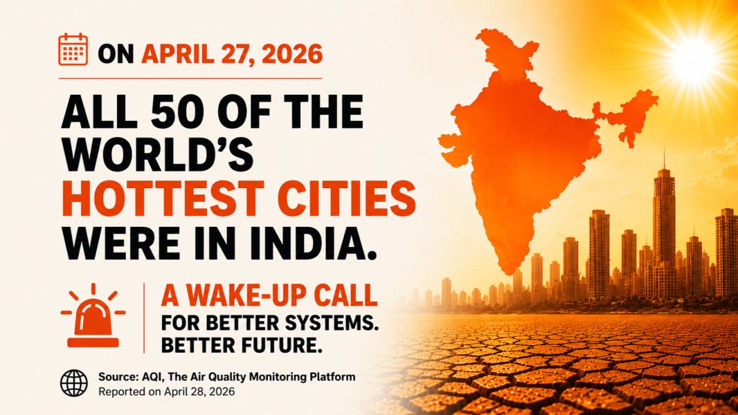 An infographic titled "A Wake-Up Call for India's Future" states that on April 27, 2026, all 50 of the world's hottest cities were reportedly in India. The left side features bold orange and black typography with the message "A Wake-Up Call for Better Systems. Better Future." The right side shows an orange silhouette map of India above a modern city skyline under an intense sun, with cracked, drought-stricken ground in the foreground, symbolizing the growing impact of extreme heat and climate change. The source cited is AQI, The Air Quality Monitoring Platform, reported on April 28, 2026.