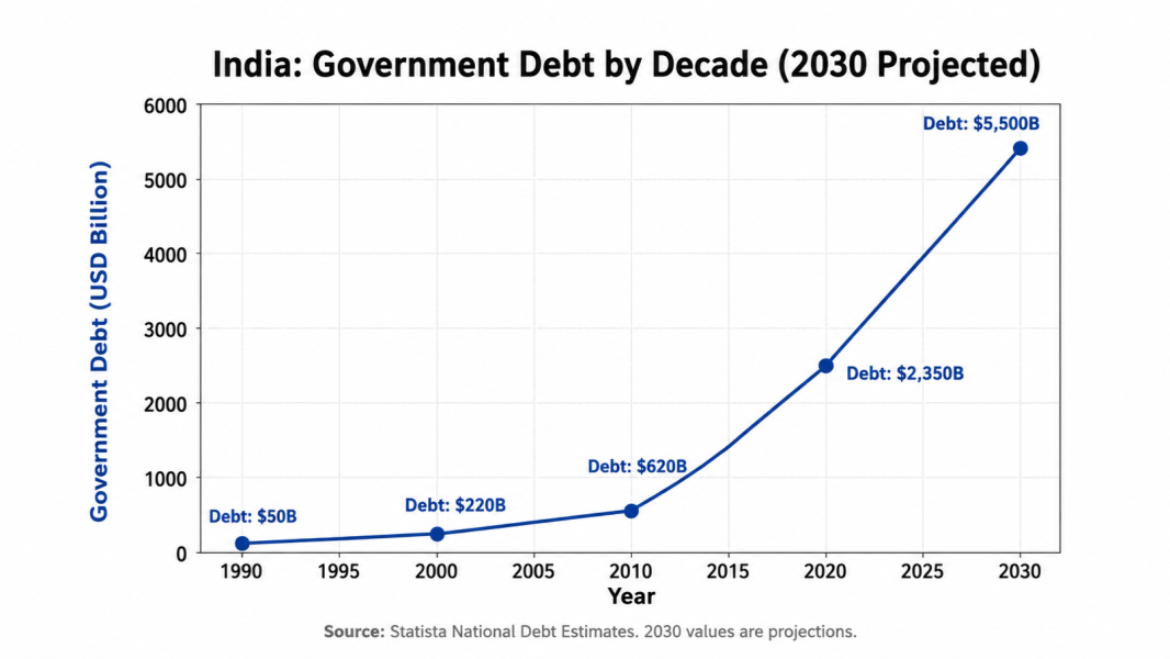 Line chart showing India's government debt increasing from approximately $50 billion in 1990 to a projected $5.5 trillion by 2030, illustrating the rapid rise in public debt over four decades.