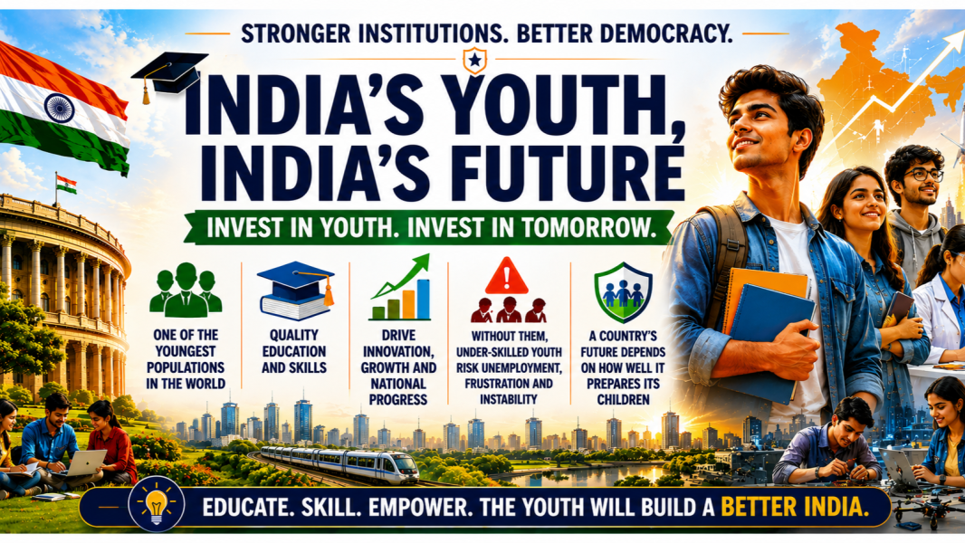 An infographic titled "India's Youth, India's Future" highlighting the importance of investing in India's young population. The graphic states that India has one of the youngest populations in the world and emphasizes that quality education and skills can drive innovation, economic growth, and national progress. It warns that without adequate education and skills, under-skilled youth face unemployment, frustration, and instability. The design features Indian students, the Parliament building, the national flag, a modern city skyline, a metro train, and symbols representing education, growth, and opportunity. The concluding message reads: "Educate. Skill. Empower. The Youth Will Build a Better India."