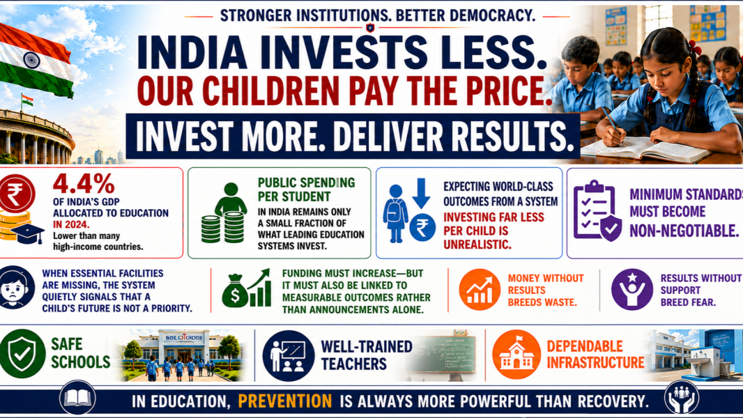 Infographic highlighting the need for greater investment in India's education system. It shows students in a classroom alongside key messages about education spending, minimum standards, accountability, teacher quality, school infrastructure, and the importance of linking funding to measurable learning outcomes.