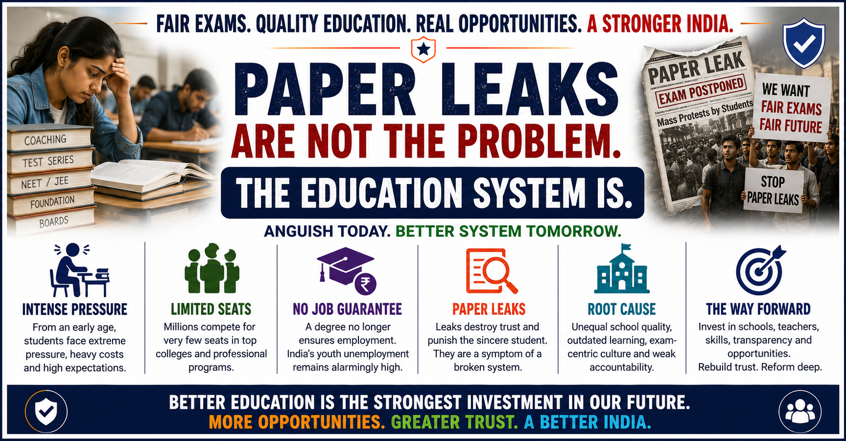 Infographic showing stressed Indian students, exam protests, and the message that paper leaks are symptoms of deeper problems in India’s education system, including intense pressure, limited seats, unemployment, unequal school quality, and weak accountability.