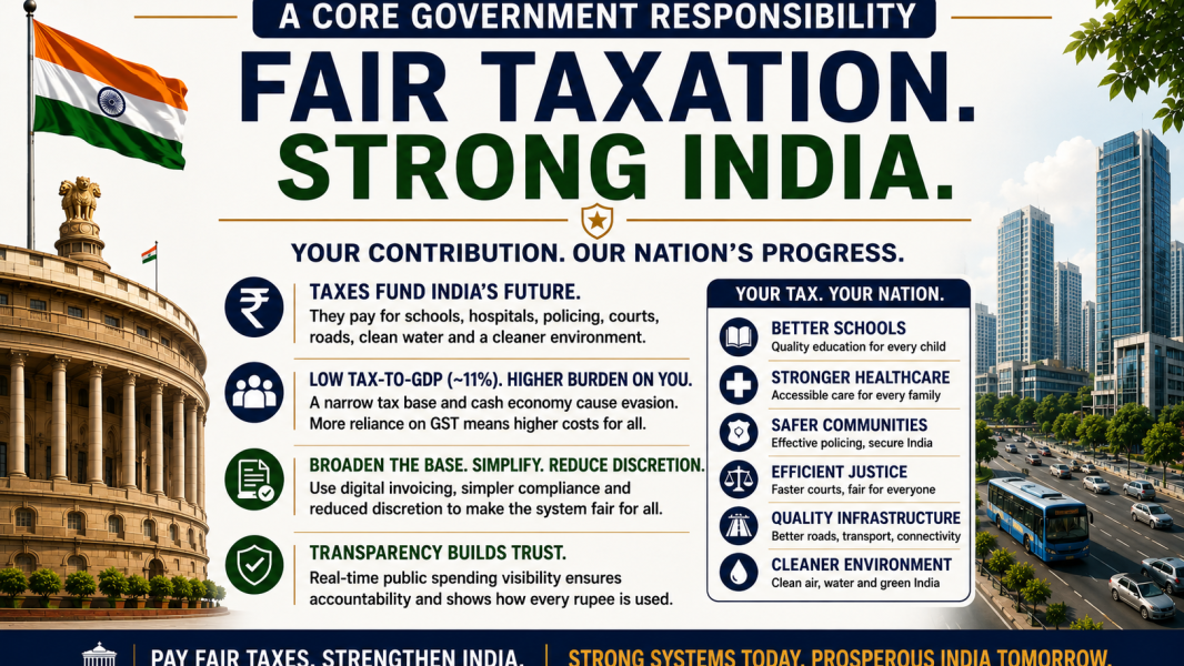 Infographic explaining how fair taxation and transparent governance strengthen India. It highlights the importance of broadening the tax base, simplifying compliance, improving transparency, and using tax revenue to fund education, healthcare, policing, justice, infrastructure, and environmental protection.