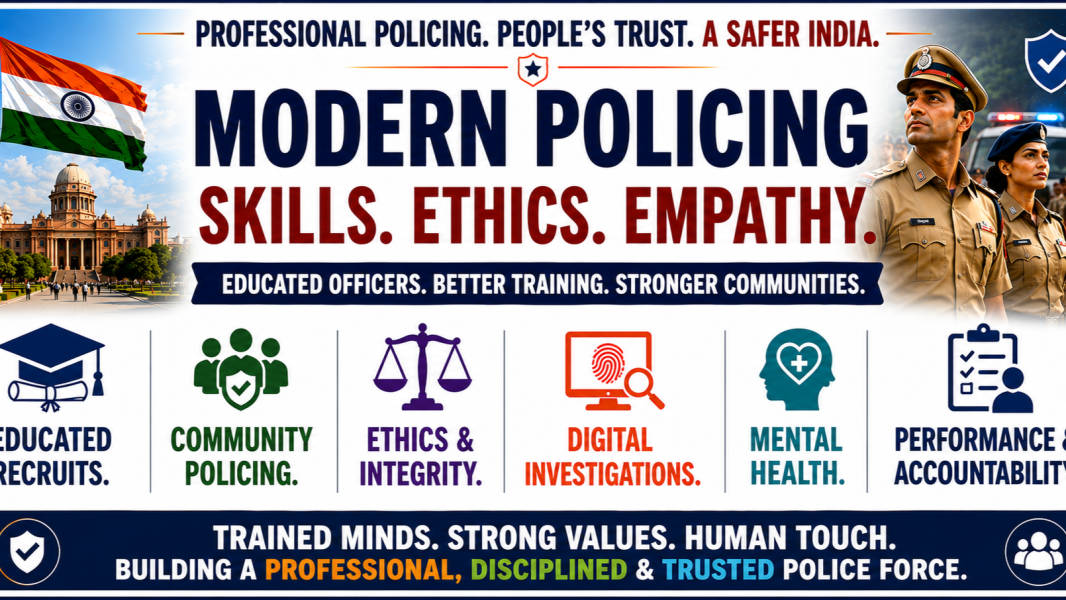 Infographic highlighting educated recruits, community policing, ethics, digital investigations, mental health, and accountability for modern policing in India.