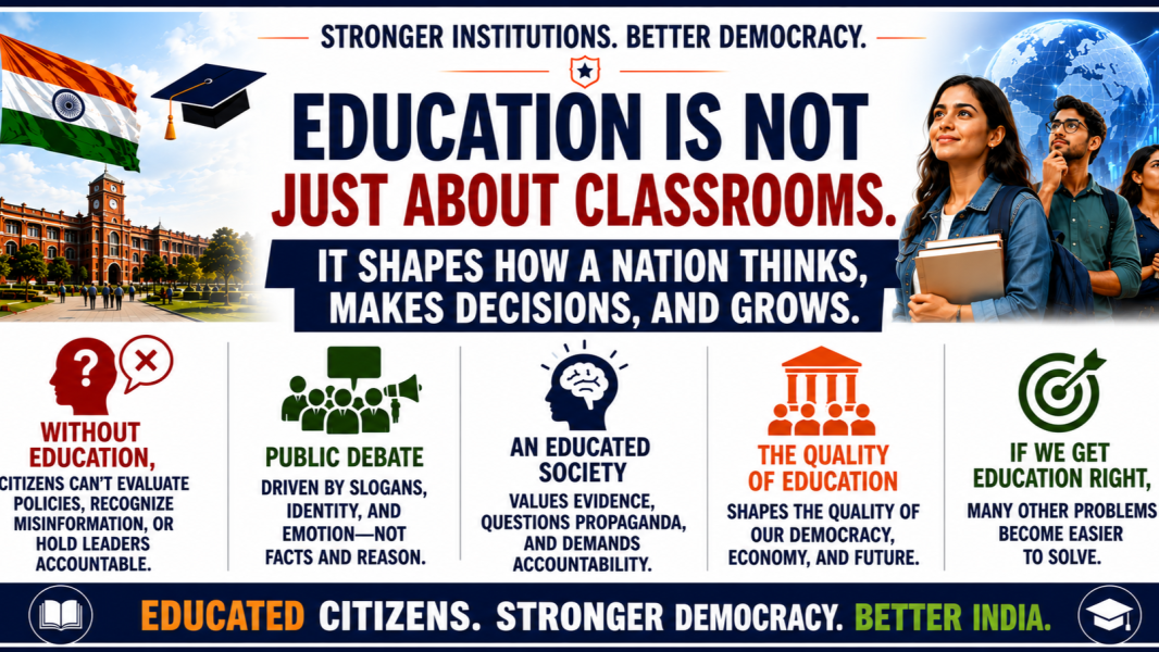 Infographic highlighting the importance of education in building democracy. It explains how education enables citizens to evaluate policies, recognize misinformation, value evidence, demand accountability, and strengthen the nation's democracy, economy, and future.