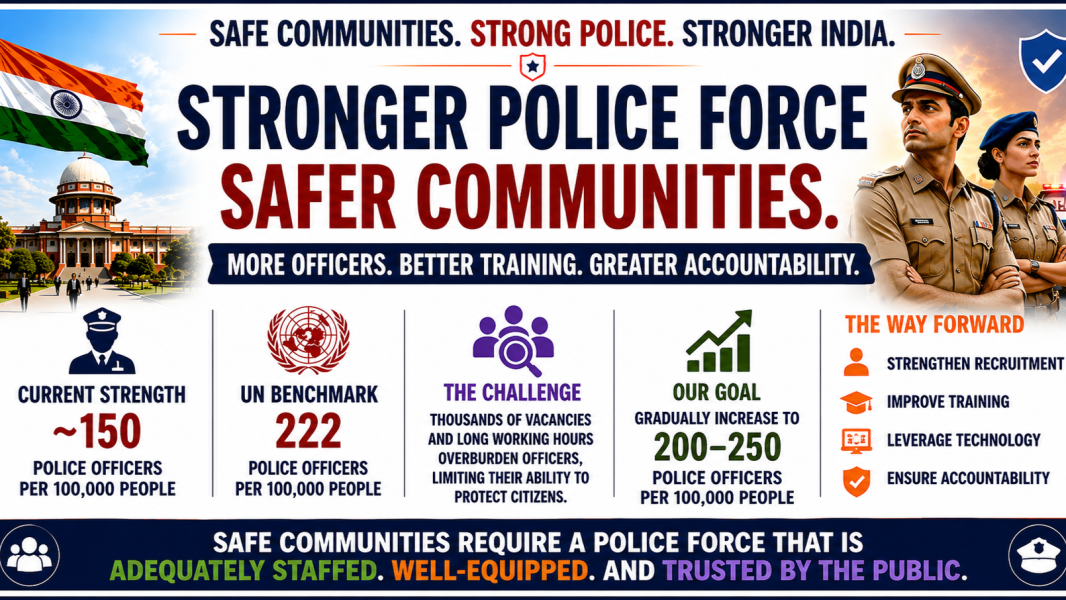 Infographic highlighting India’s police staffing gap, comparing about 150 police officers per 100,000 people with a UN benchmark of 222 and proposing stronger recruitment, training, technology and accountability.
