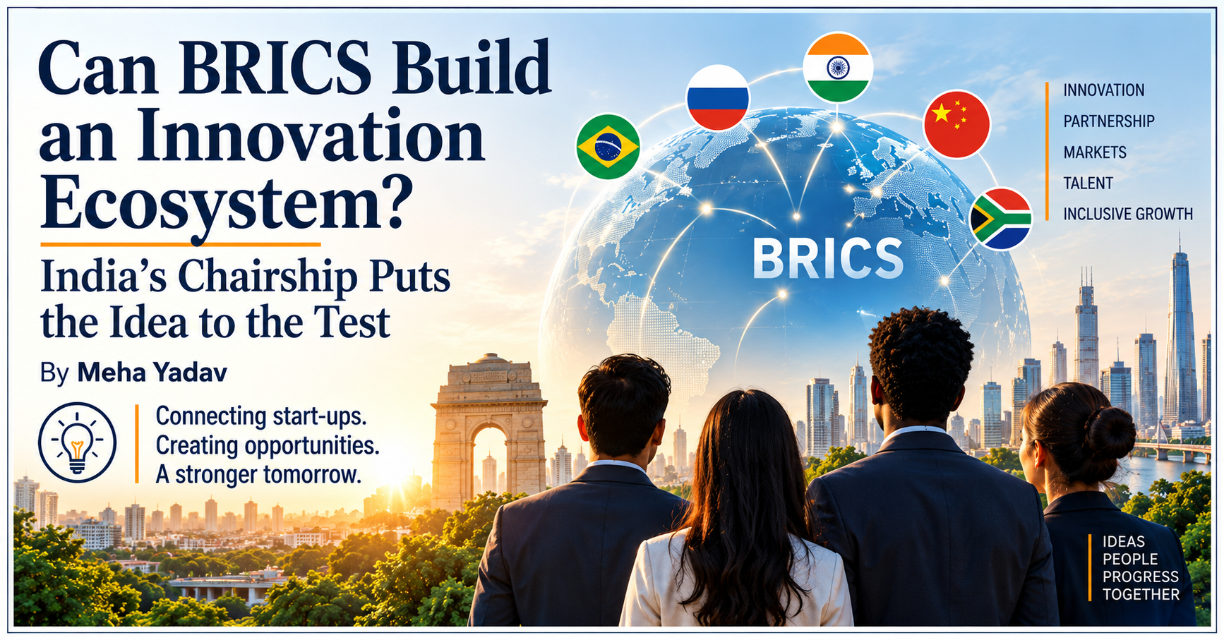 BRICS innovation ecosystem graphic highlighting collaboration, start-ups, markets, talent, and inclusive growth.