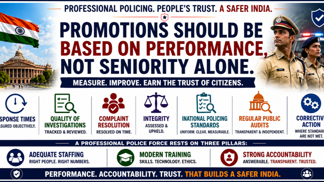 Infographic advocating merit-based police promotions in India, measured through response times, investigation quality, complaint resolution, integrity, national standards, and public audits.